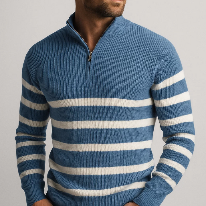 Men’s Striped Quarter Zip Sweater - Ribbed Knit Pullover