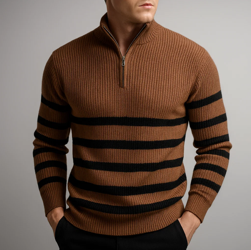 Men’s Striped Quarter Zip Sweater - Ribbed Knit Pullover