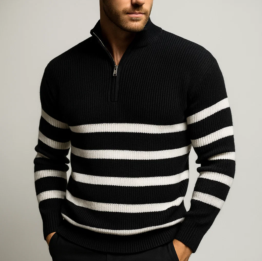 Men’s Striped Quarter Zip Sweater - Ribbed Knit Pullover