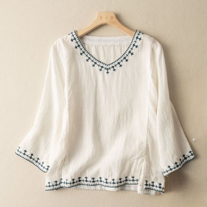 Women’s Vintage Embroidered Cotton V-Neck Boho Blouse