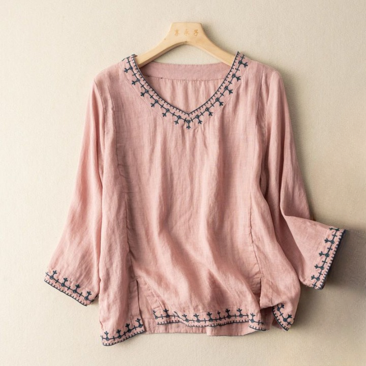 Women’s Vintage Embroidered Cotton V-Neck Boho Blouse