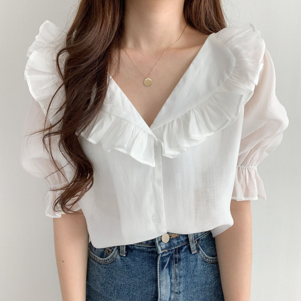 Women's Adele Ruffle V-Neck Puff Sleeve Blouse