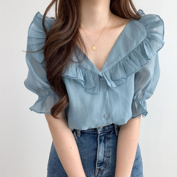 Women's Adele Ruffle V-Neck Puff Sleeve Blouse