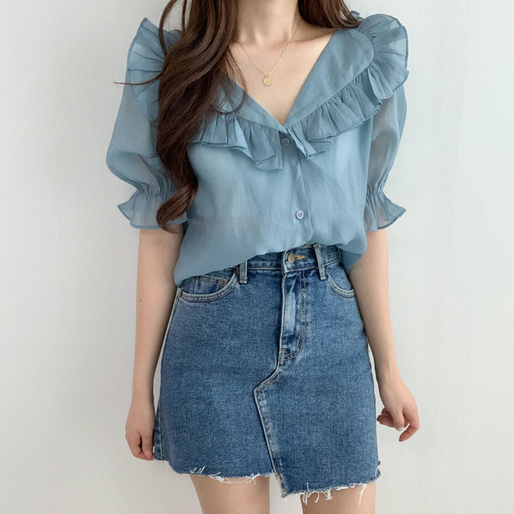 Women's Adele Ruffle V-Neck Puff Sleeve Blouse