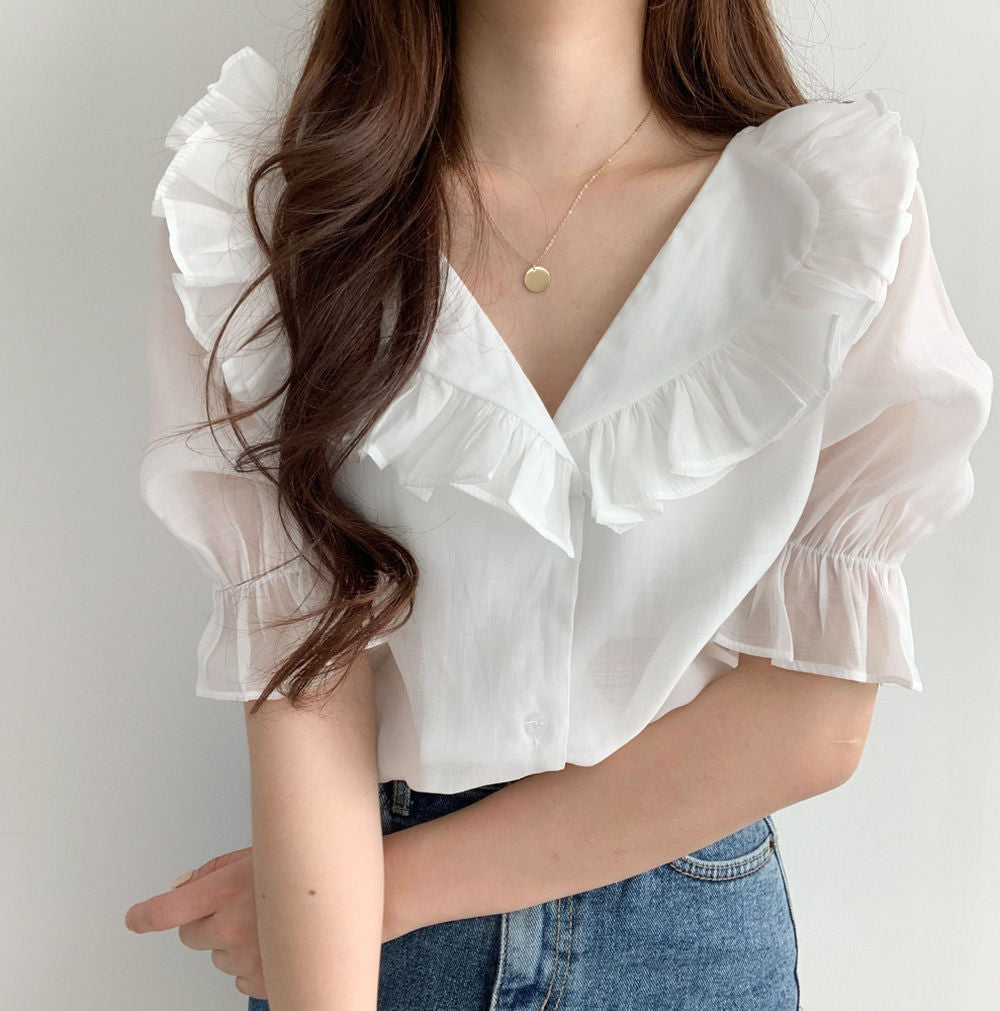 Women's Adele Ruffle V-Neck Puff Sleeve Blouse
