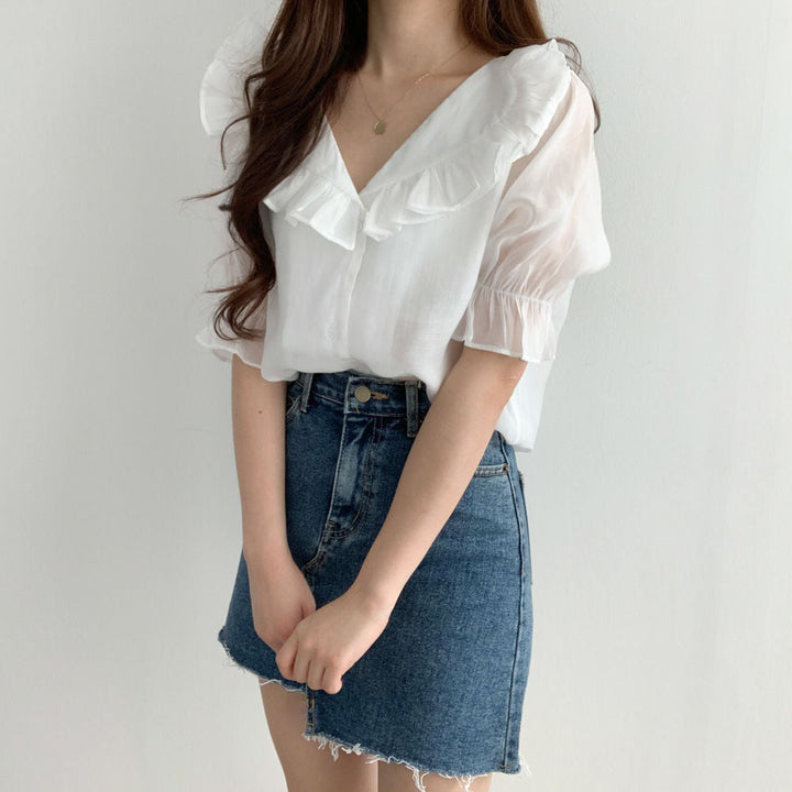 Women's Adele Ruffle V-Neck Puff Sleeve Blouse