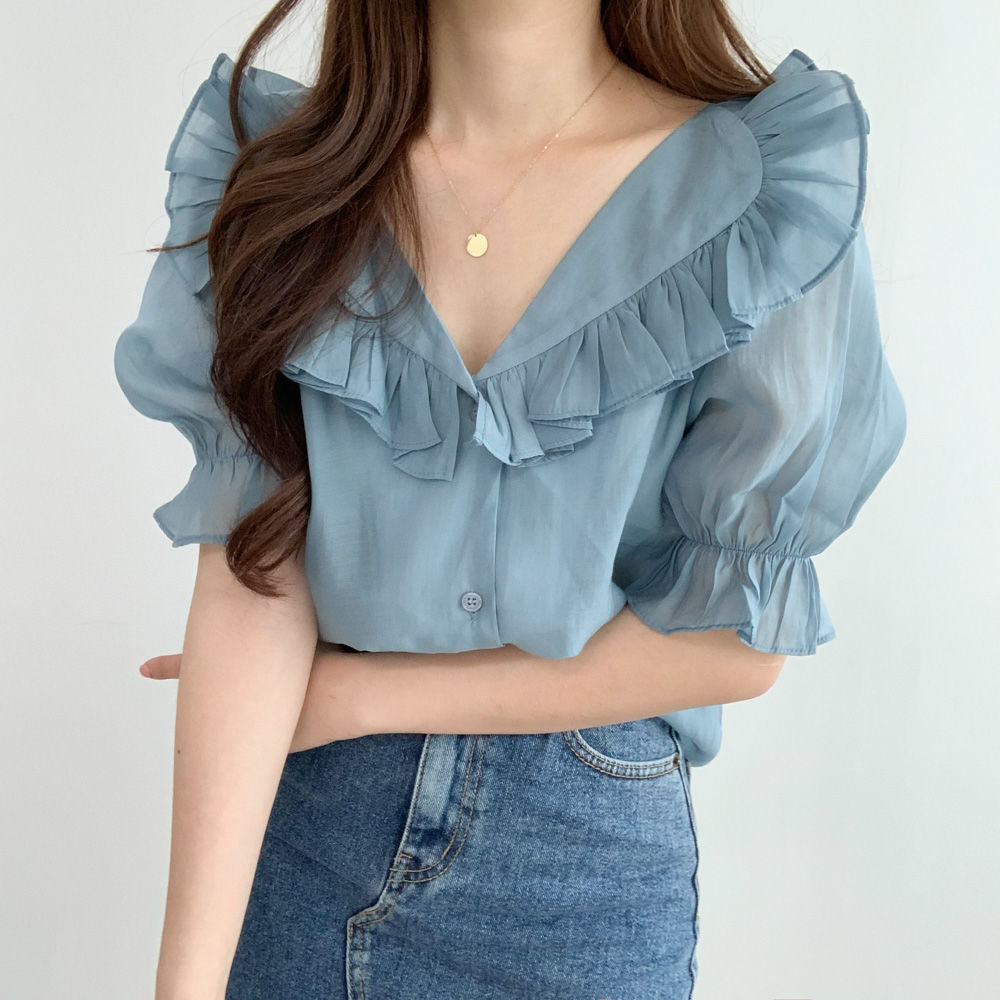 Women's Adele Ruffle V-Neck Puff Sleeve Blouse