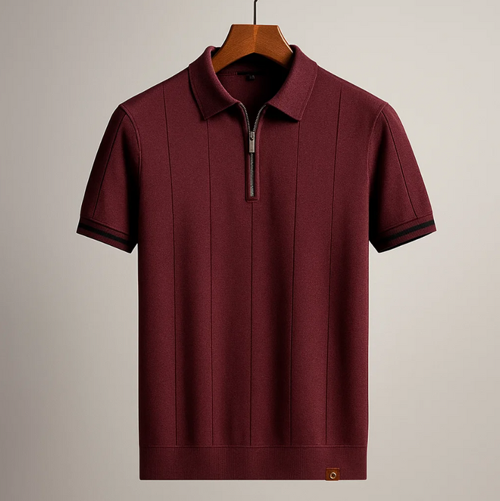 Men's Ribbed Short Sleeve Zip Casual Polo Shirt