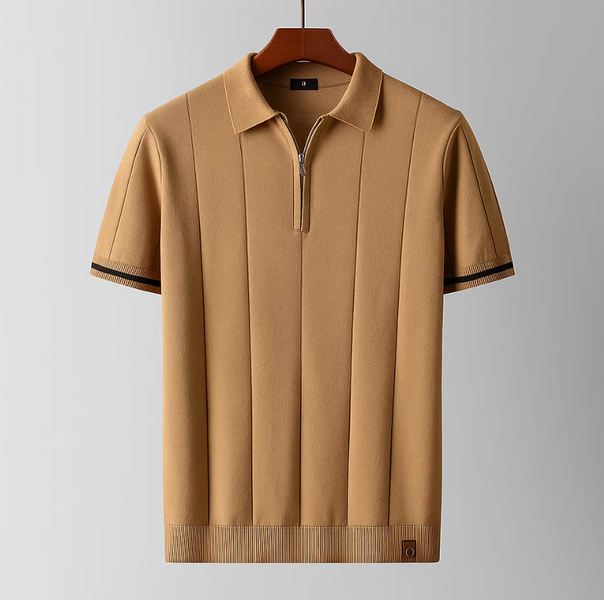 Men's Ribbed Short Sleeve Zip Casual Polo Shirt