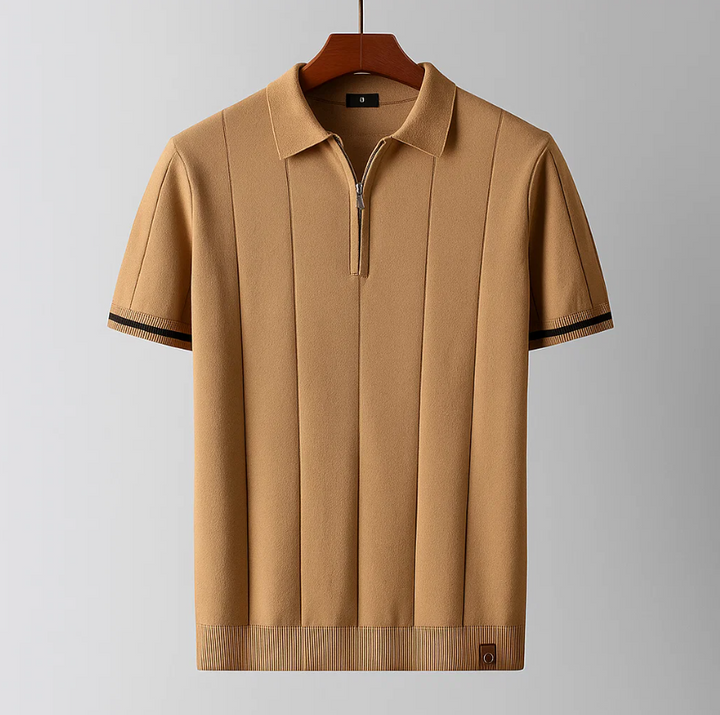 Men's Ribbed Short Sleeve Zip Casual Polo Shirt