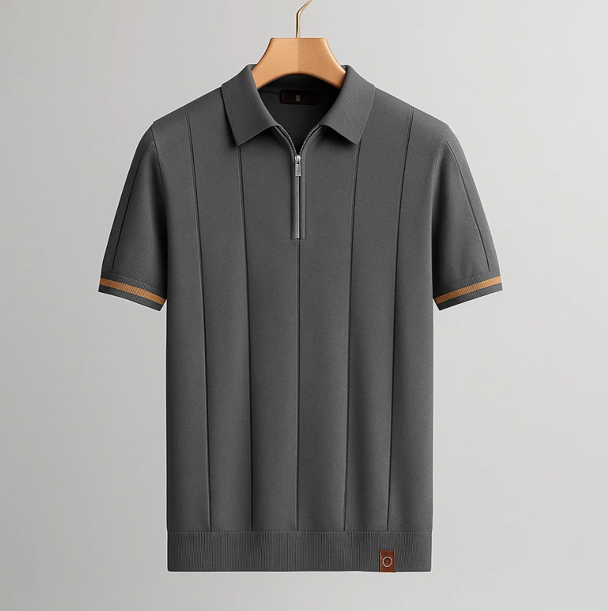 Men's Ribbed Short Sleeve Zip Casual Polo Shirt