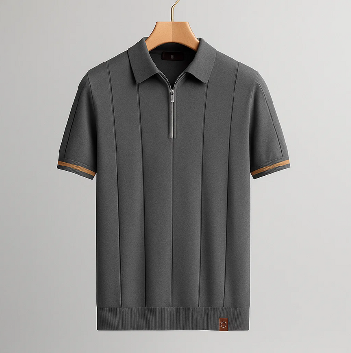 Men's Ribbed Short Sleeve Zip Casual Polo Shirt