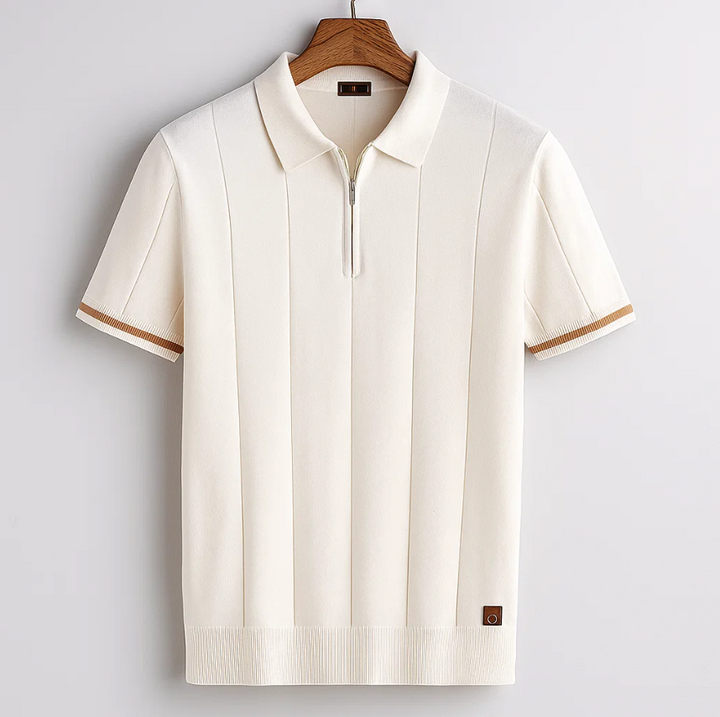 Men's Ribbed Short Sleeve Zip Casual Polo Shirt