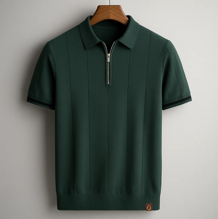 Men's Ribbed Short Sleeve Zip Casual Polo Shirt