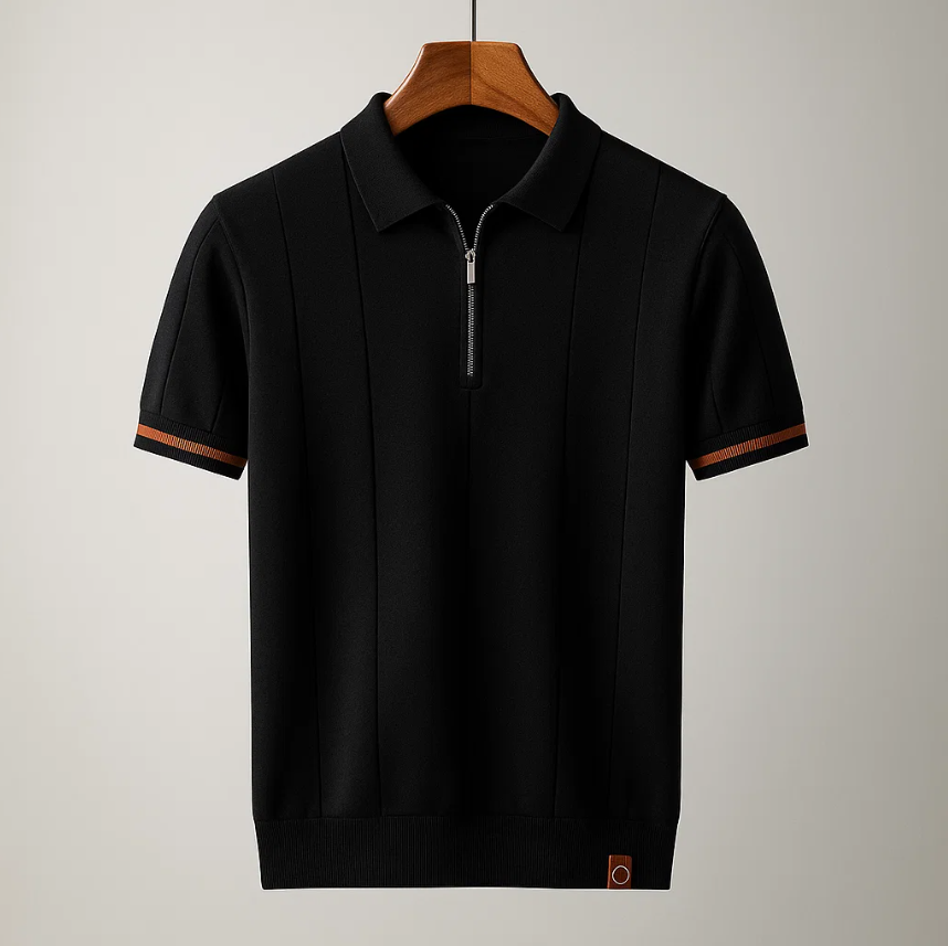 Men's Ribbed Short Sleeve Zip Casual Polo Shirt