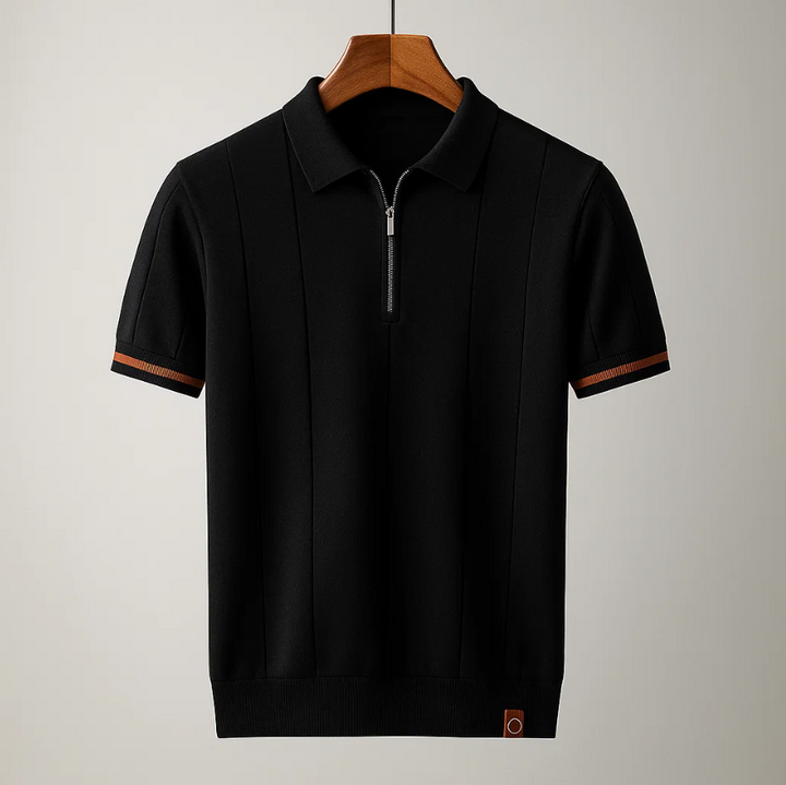 Men's Ribbed Short Sleeve Zip Casual Polo Shirt