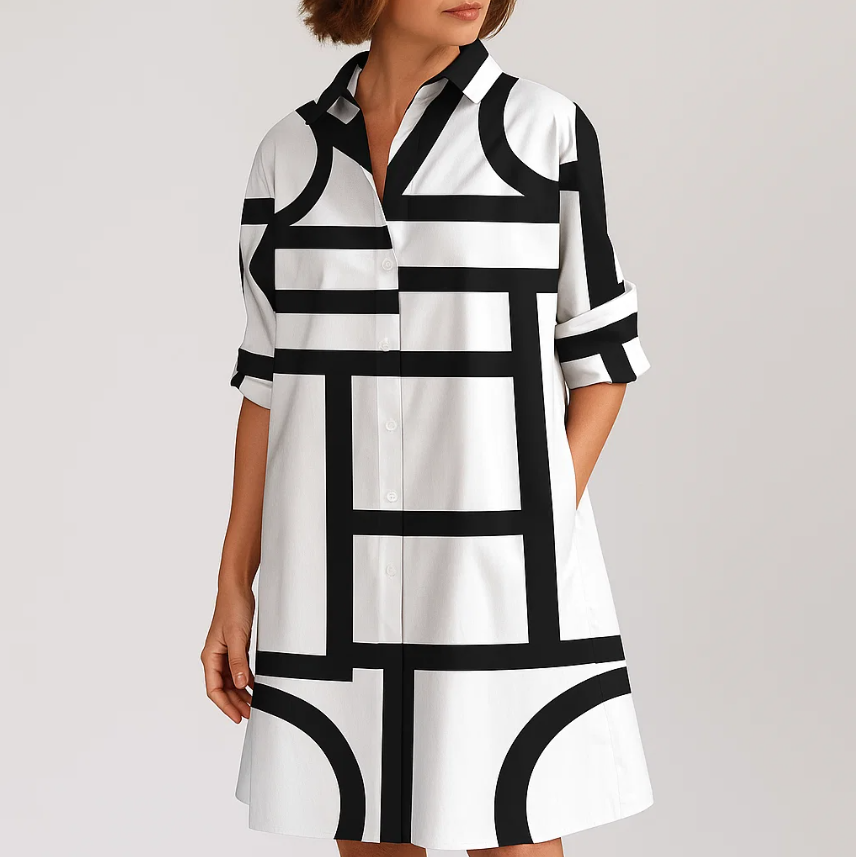 Women's Geometric Button Down Relaxed Chic Dress