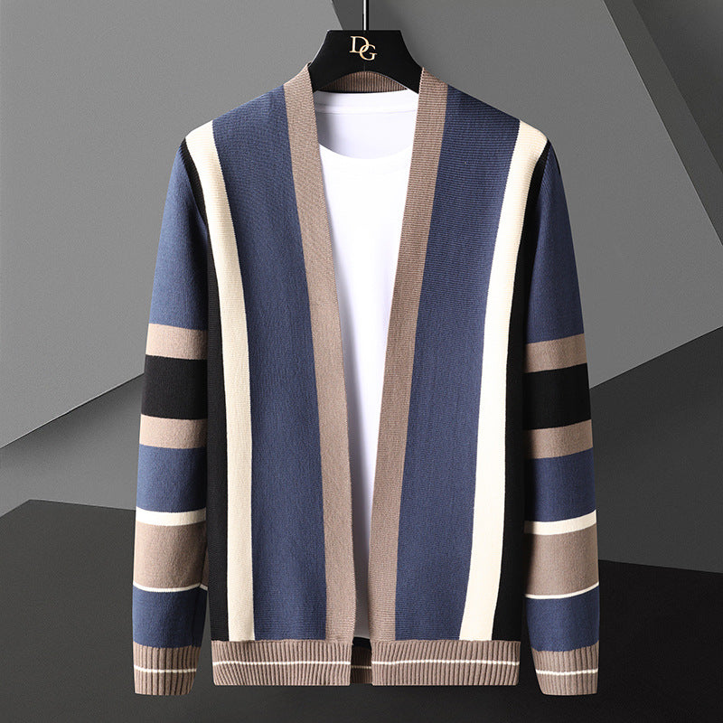 Men’s Striped Open Cardigan - Lightweight Knit Jacket