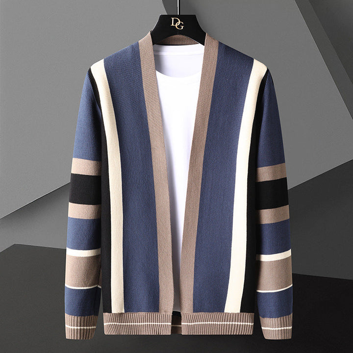 Men’s Striped Open Cardigan - Lightweight Knit Jacket