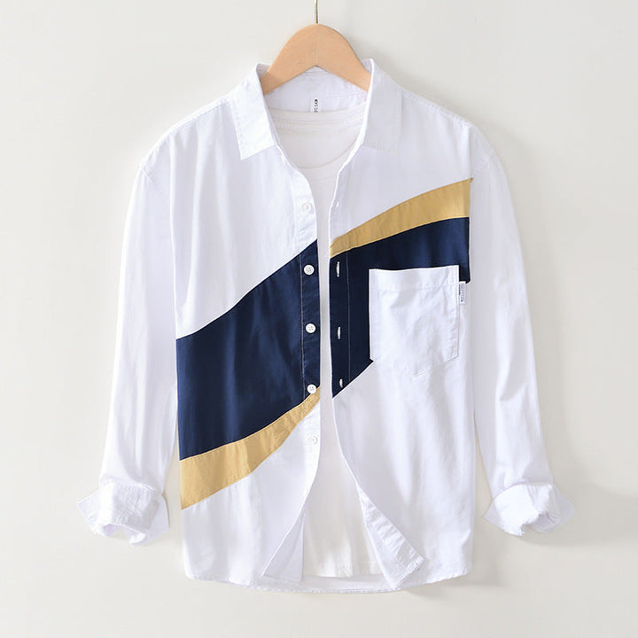 Men’s Colorblock Panel Cotton Shirt – Long Sleeve Button-Up