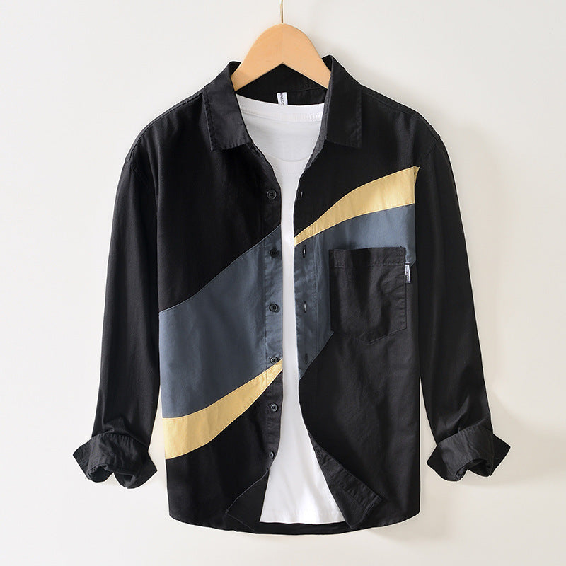 Men’s Colorblock Panel Cotton Shirt – Long Sleeve Button-Up