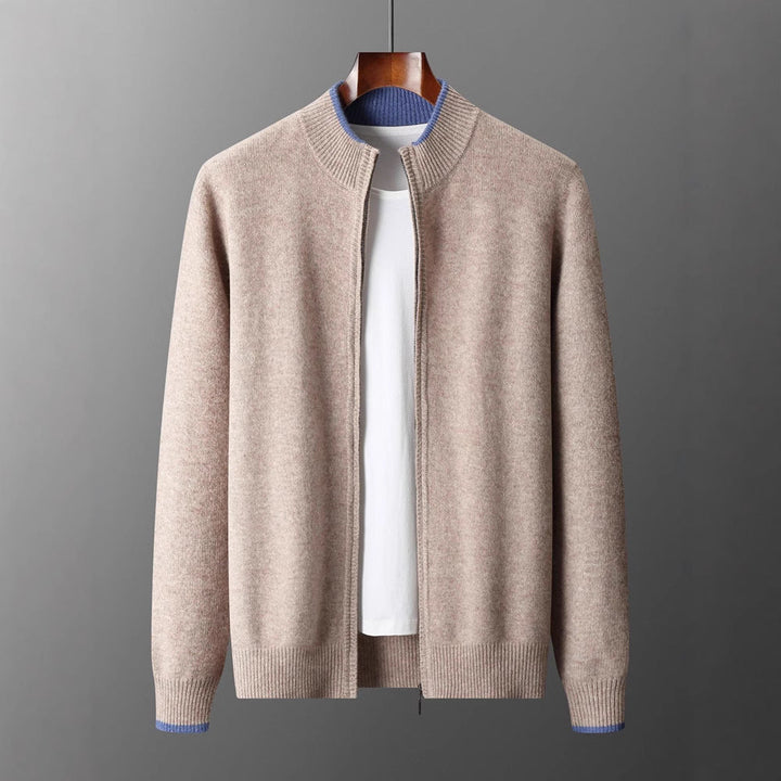 Men’s Wool Zip Cardigan - Stand Collar Knit Jacket