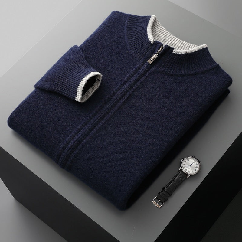 Men’s Wool Zip Cardigan - Stand Collar Knit Jacket