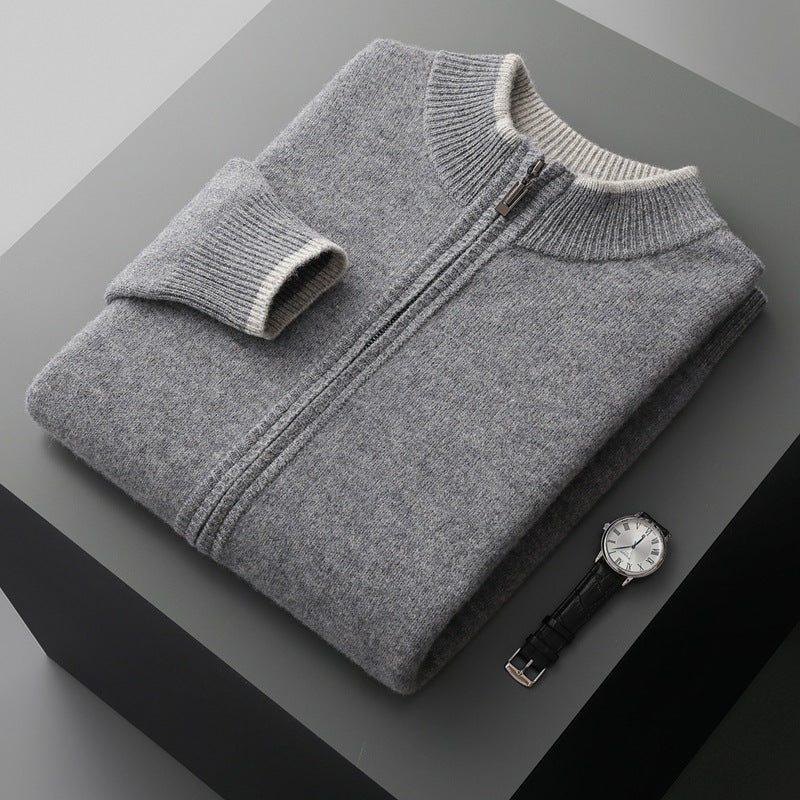 Men’s Wool Zip Cardigan - Stand Collar Knit Jacket