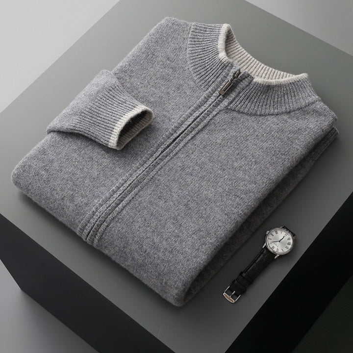Men’s Wool Zip Cardigan - Stand Collar Knit Jacket