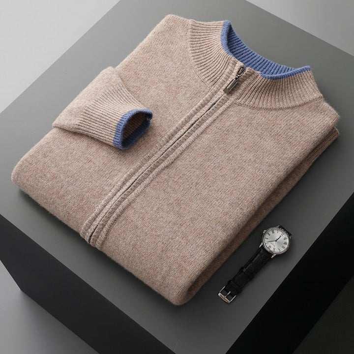 Men’s Wool Zip Cardigan - Stand Collar Knit Jacket