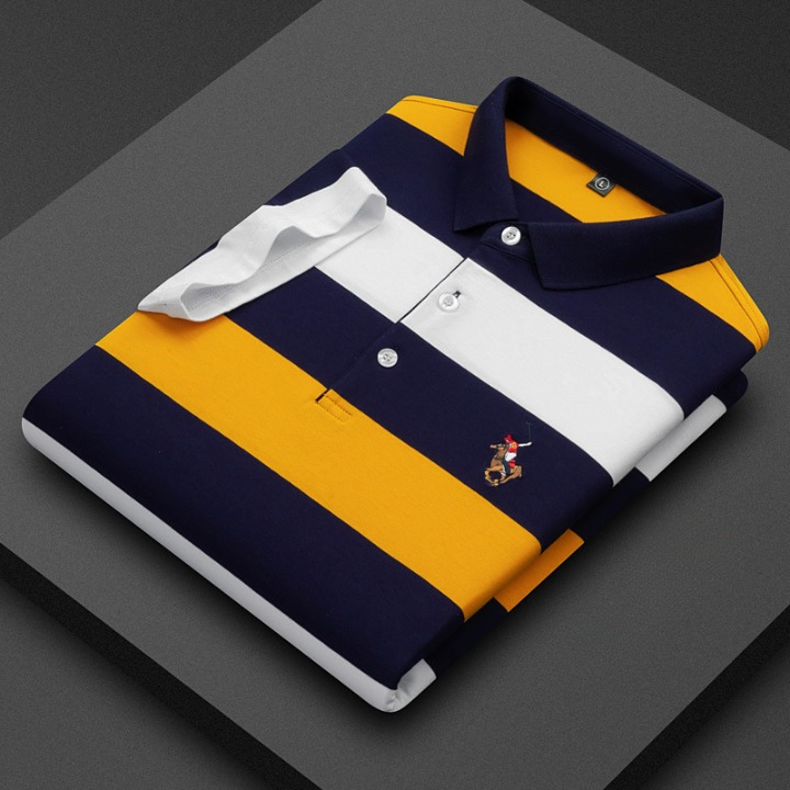Men’s Striped Cotton Rugby Polo – Classic Collar Fit