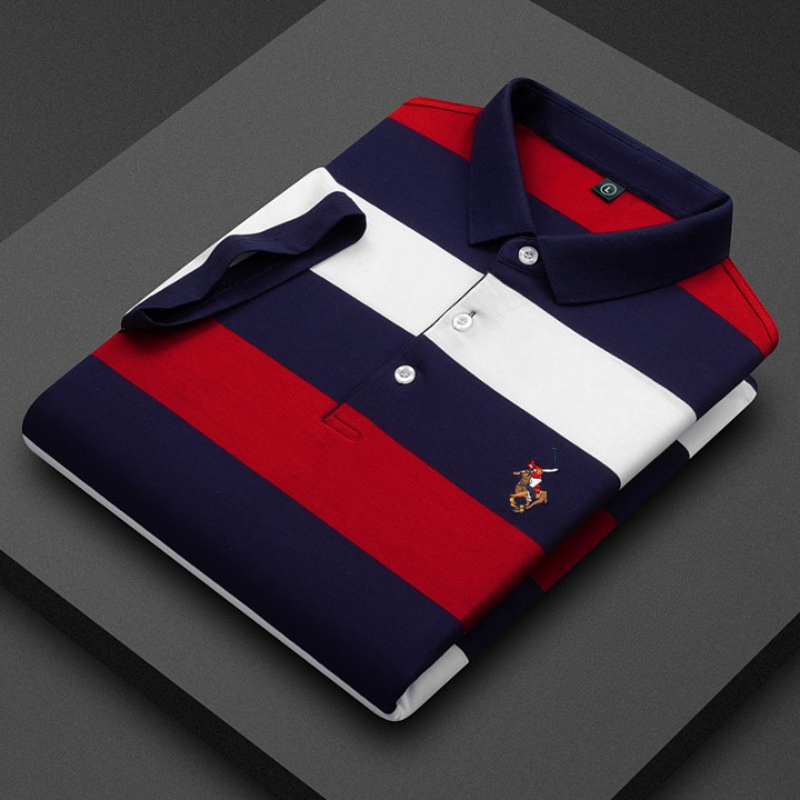 Men’s Striped Cotton Rugby Polo – Classic Collar Fit